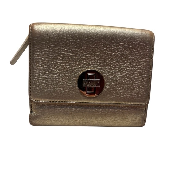 Kate Spade Clutch Wallet Gold Metallic Textured Leather Gold-tone Turnlock White - Picture 2 of 16